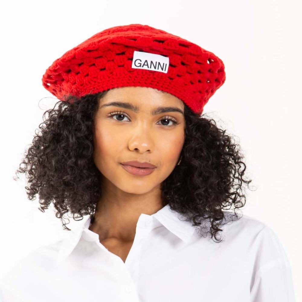 GANNI Red Wool Crochet Beret NWT